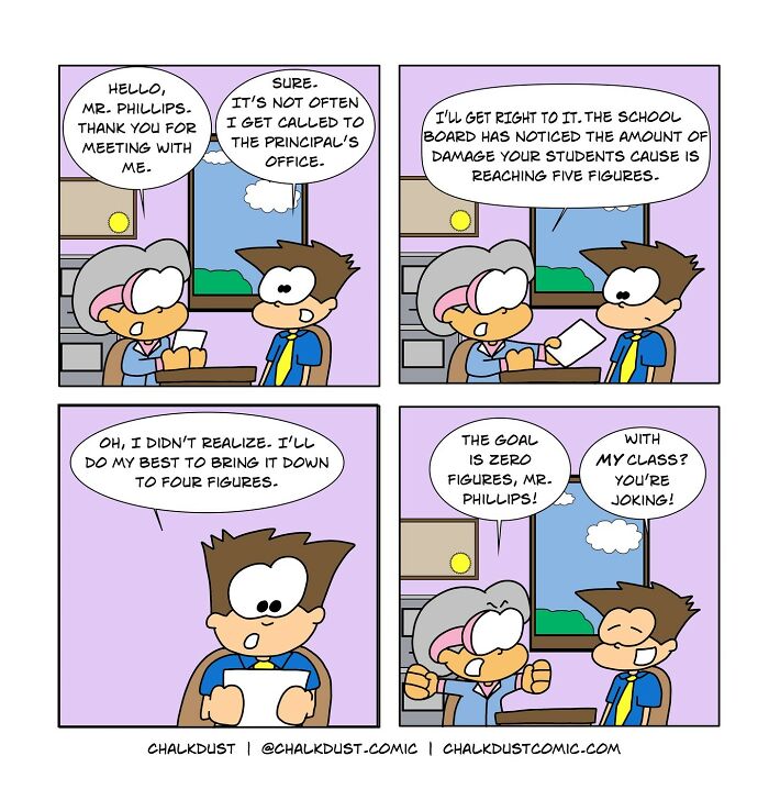 Teacher comics depicting a humorous school day meeting about student behavior and classroom challenges in a colorful cartoon style.