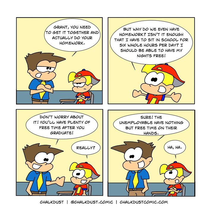 Comic strip showing a teacher and student humorously depicting the challenges of surviving a school day and homework frustrations.