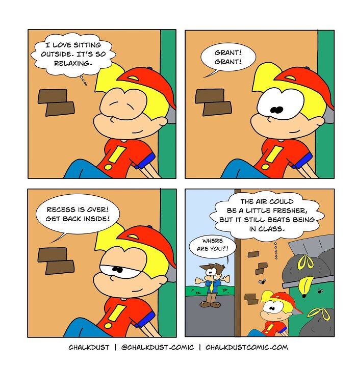 Comic strip depicting a student enjoying recess outside, capturing the humor of surviving a school day in teacher’s comics.