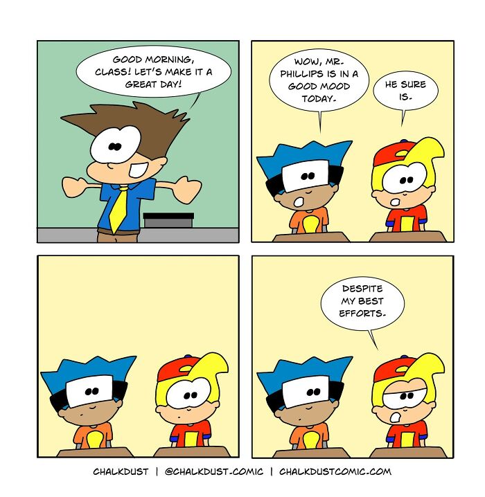 Comic strip showing a teacher greeting class and students commenting on surviving a school day with humor.