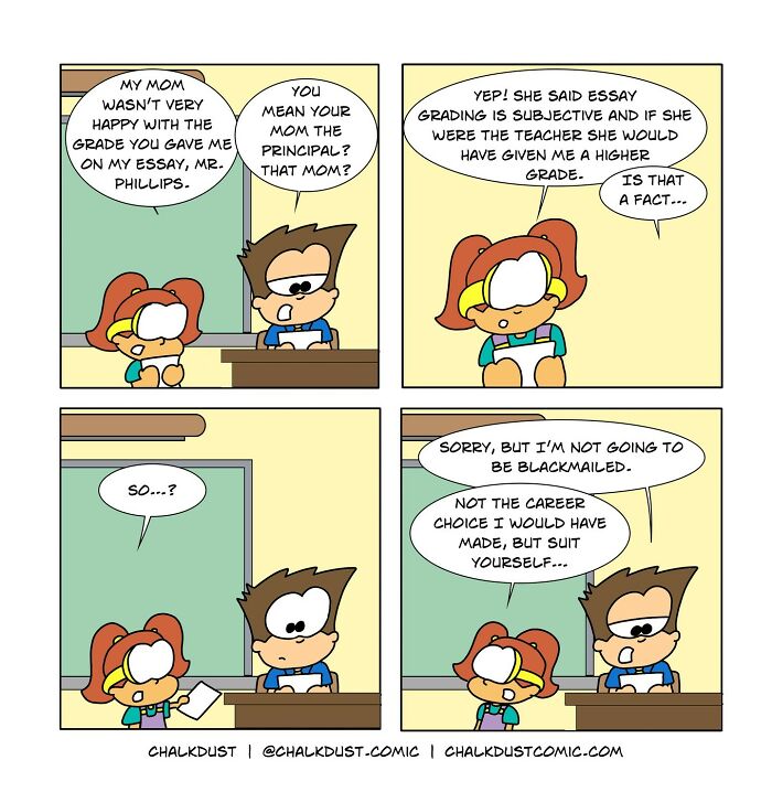Teacher’s comic strip shows humorous school day moments with students negotiating essay grades in a classroom setting.