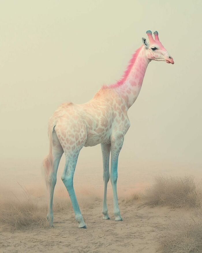 Surreal pink and blue giraffe standing in a foggy desert landscape, representing unsettling visions of the natural world.
