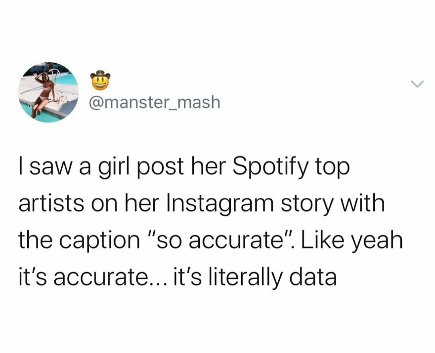 Tweet about a girl posting her Spotify top artists on Instagram, capturing relatable funny memes for meltdown moments.
