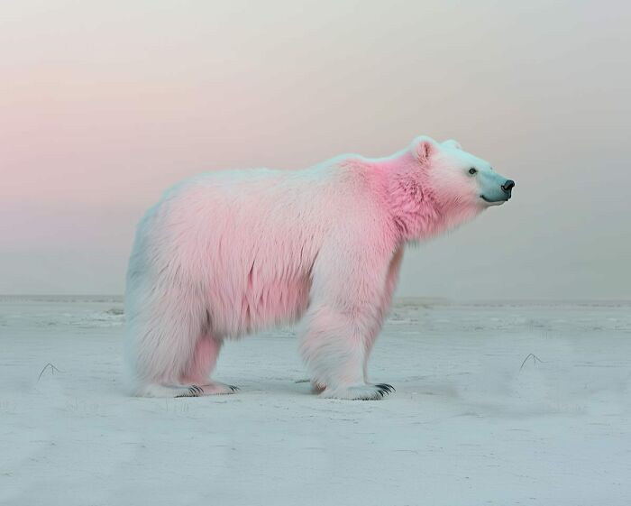 Polar bear with a soft pink glow standing on a snowy field, a beautiful but unsettling vision of the natural world.