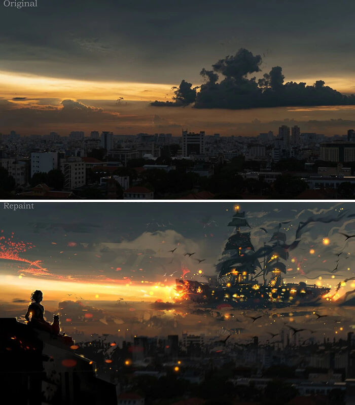 Cityscape at sunset transformed into fantastical world with flying ship and glowing embers in digital repainting art.