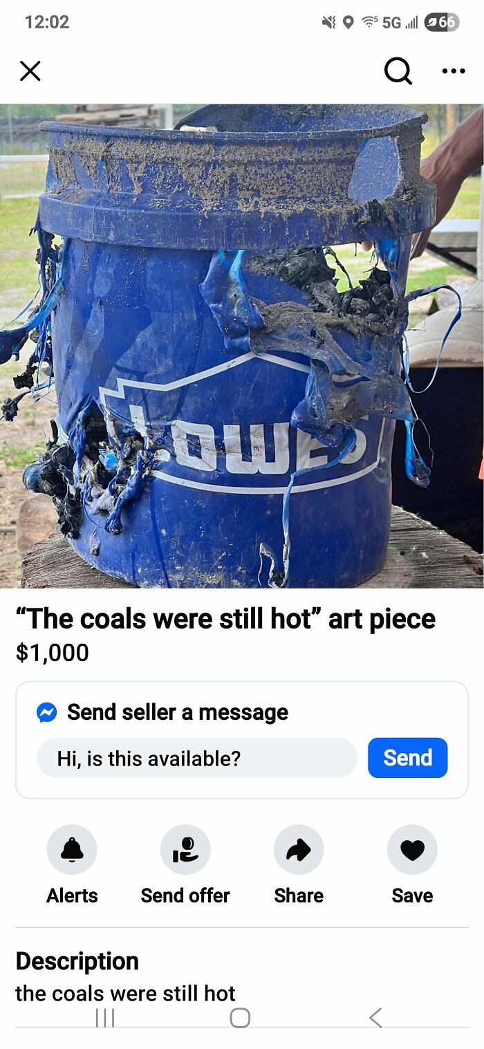 Burnt and melted blue bucket listed among wildest things for sale on Facebook Marketplace, covered in charred debris.