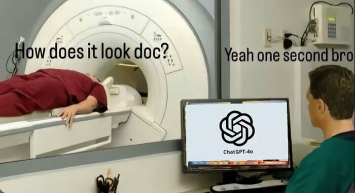 Person lying inside an MRI machine asking for results while doctor checks chaotic memes on computer screen.