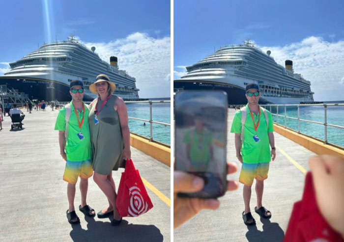 Photo showing a man seemingly edited out of a couple’s picture on a dock using hilarious Photoshop edits.