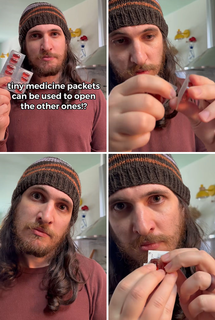 Man in a beanie demonstrating a life hack with medicine packets in a kitchen setting, sharing things you may want to know.