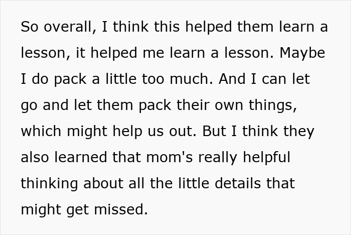 Text excerpt from a mom explaining how making her family pack for themselves taught lessons and helped with petty revenge.
