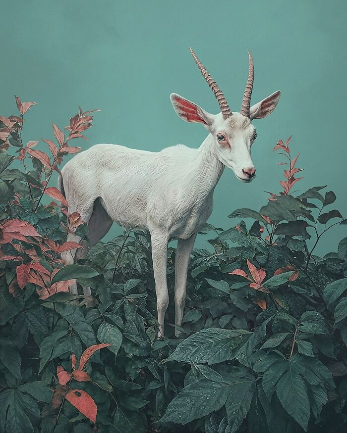 White antelope standing among dark green and red foliage, showcasing a beautiful but unsettling vision of the natural world.