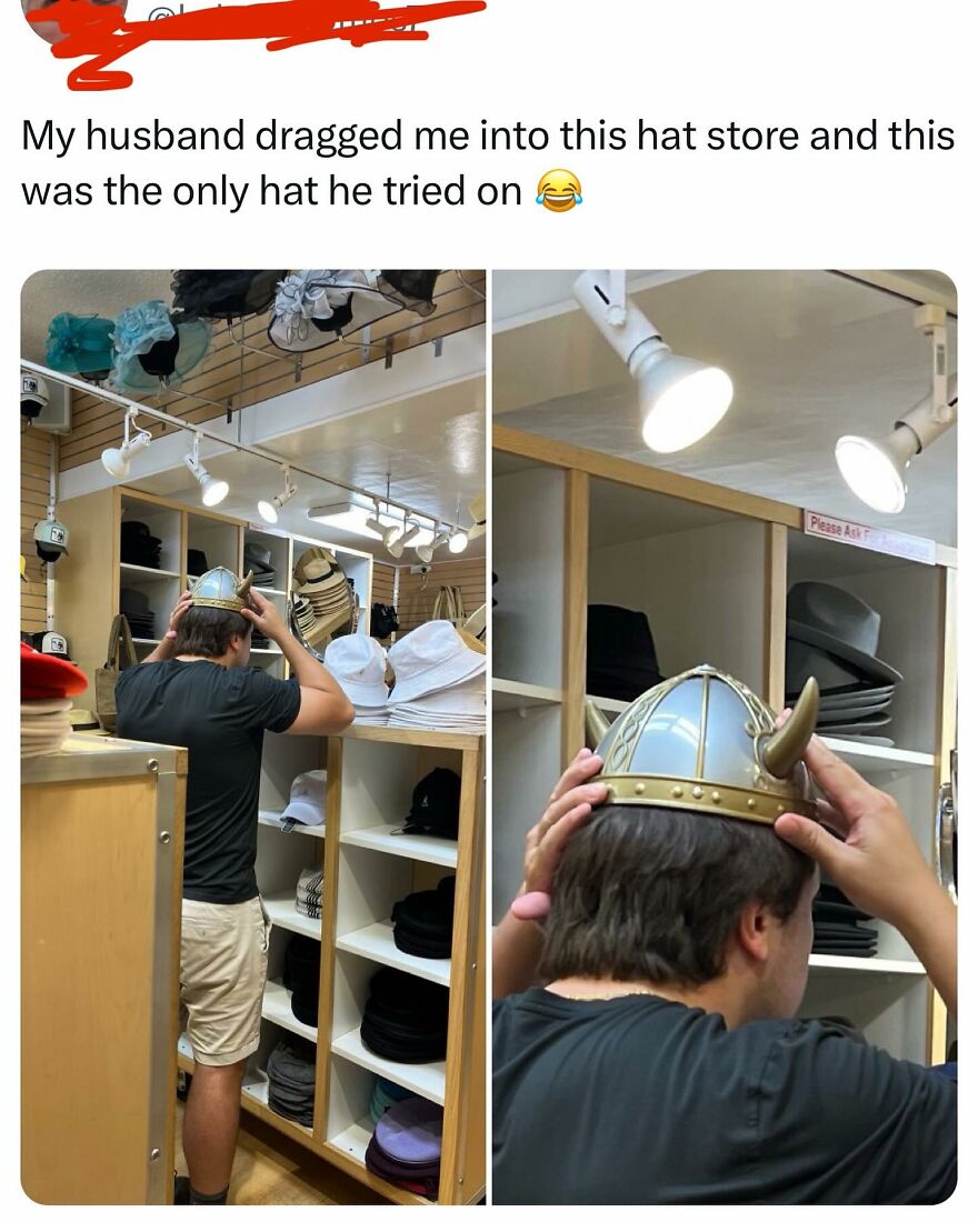 Man trying on a Viking helmet in a hat store, a funny moment perfect for memes about being one inconvenience from meltdown.