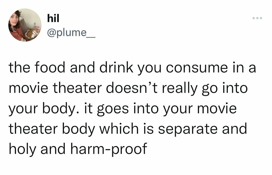Tweet about food and drink consumption in movie theaters, humorously describing a separate movie theater body, for funny memes SEO.