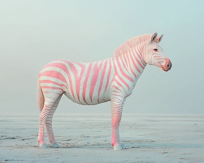 Pink and white striped zebra standing on a pale landscape, showcasing unsettling visions of the natural world by Jim Naughten.