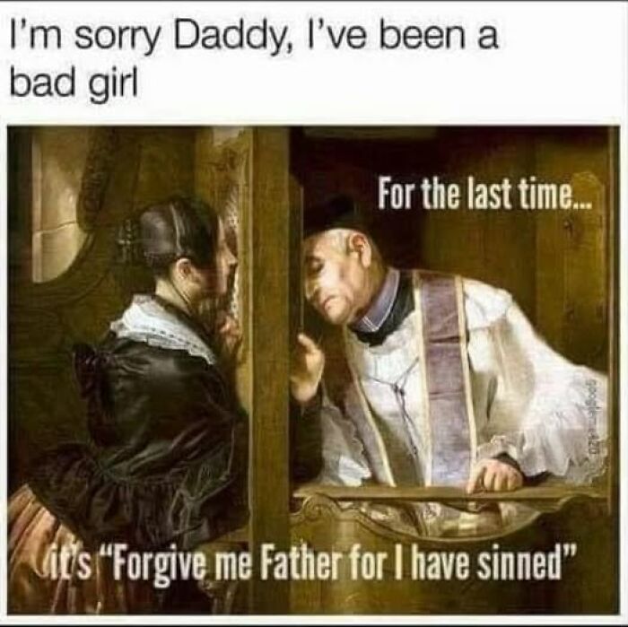 Historical painting style meme showing woman confessing to priest, with vegan memes balancing on the brink of being offensive theme.