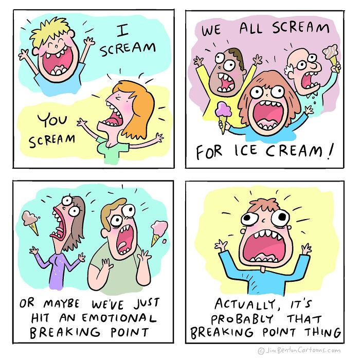 Comic strip by Jim Benton humorously depicting characters screaming with unexpected emotional twists.