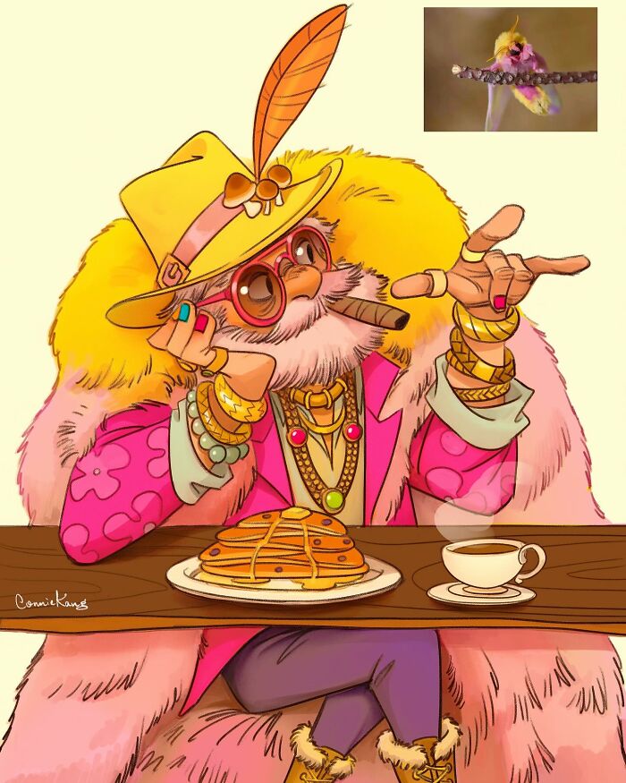 Playful portrait of a quirky animal wearing fashionable clothes and accessories, sitting at a table with pancakes and coffee.