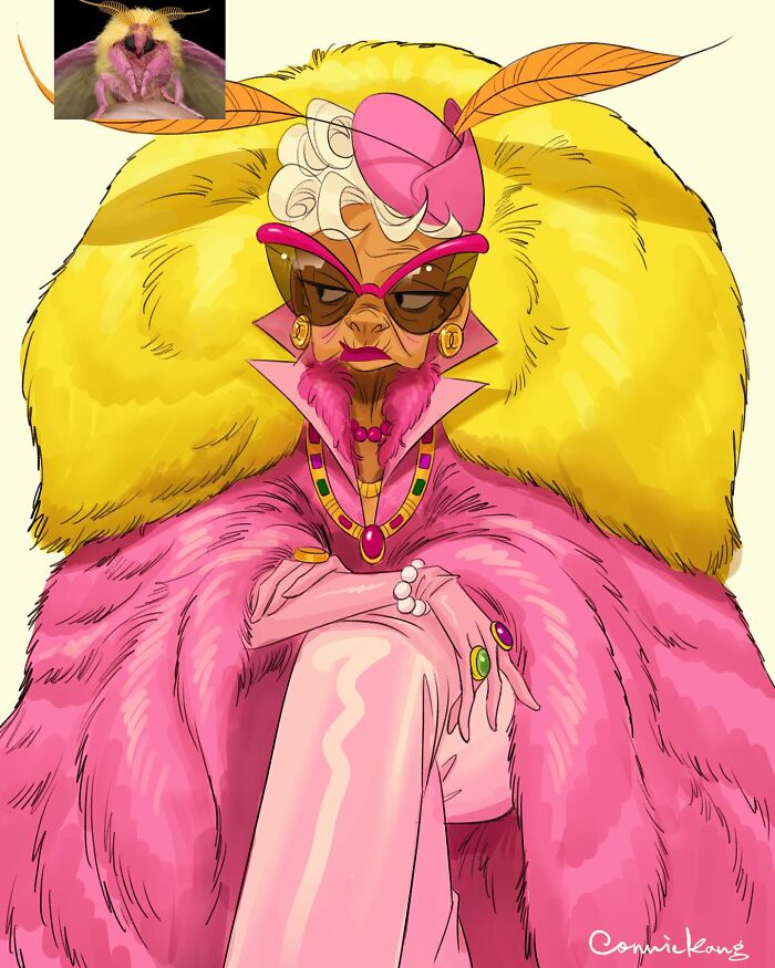 Playful portrait of an animal-inspired character wearing extravagant pink and yellow fur capturing the quirky side of animals.