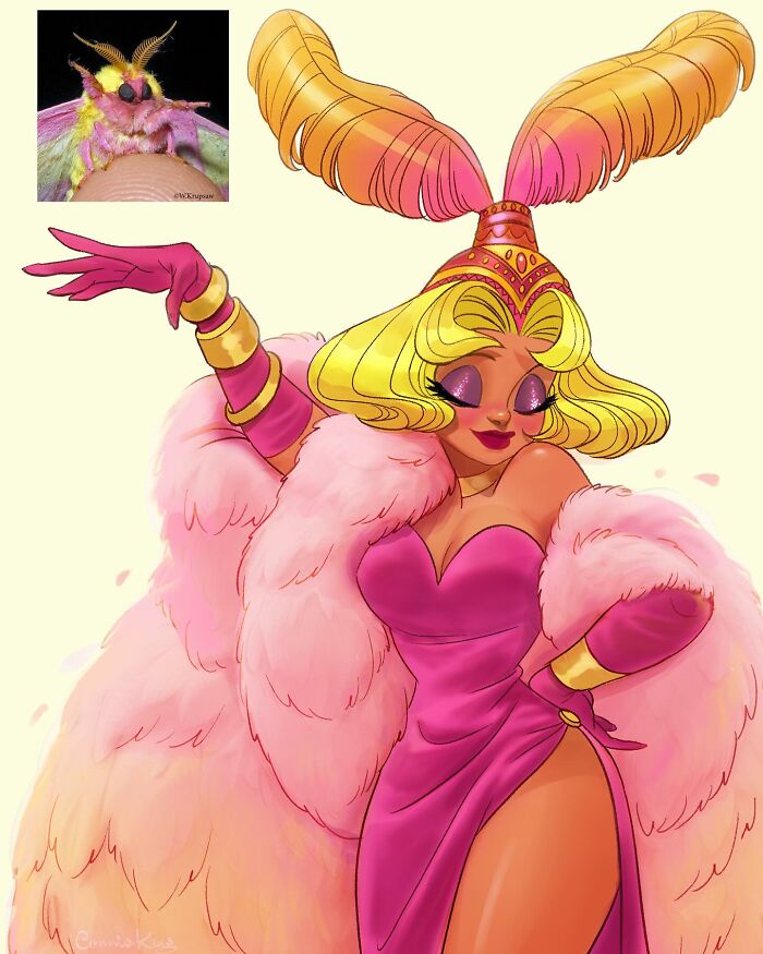 Playful portraits by Connie Kang featuring a glamorous, anthropomorphized moth character in vibrant colors.