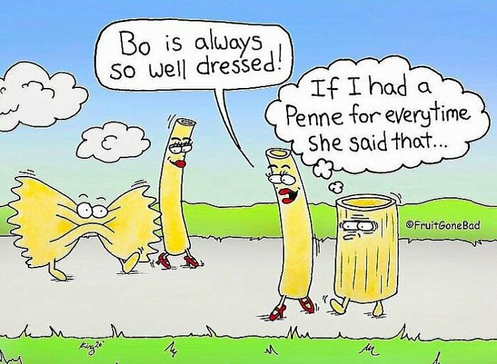 Cartoon pasta characters with punchlines, featuring humorous dialogue in the Fruit Gone Bad series with juicy laughs.