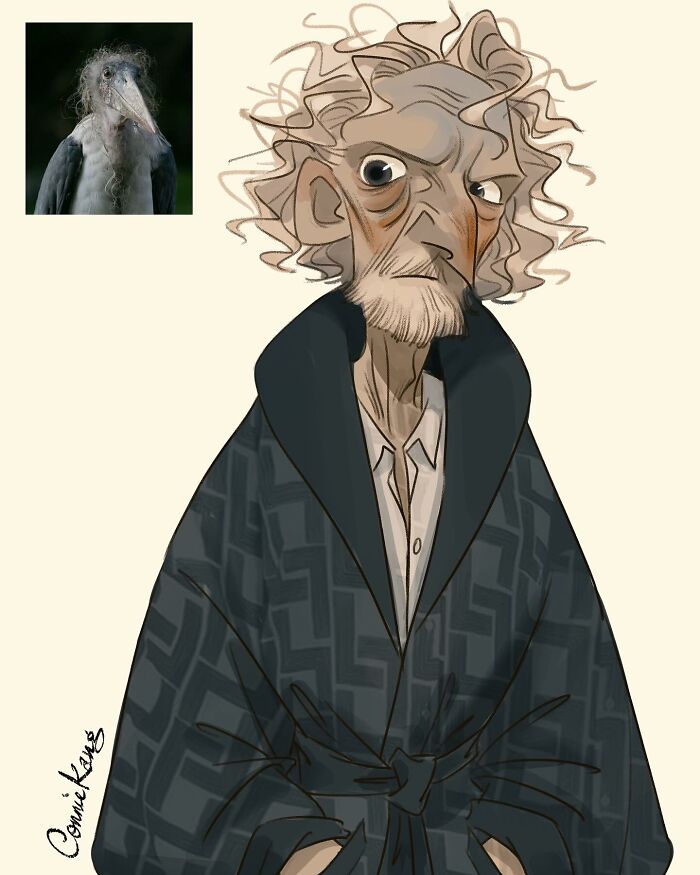 Illustration of a quirky animal portrait by Connie Kang showing a bird with human-like features and messy hair in a robe.