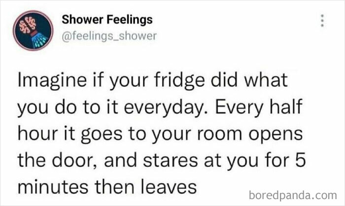 Screenshot of a Shower Feelings tweet with a funny thought to occupy your brain while showering about a fridge behavior.