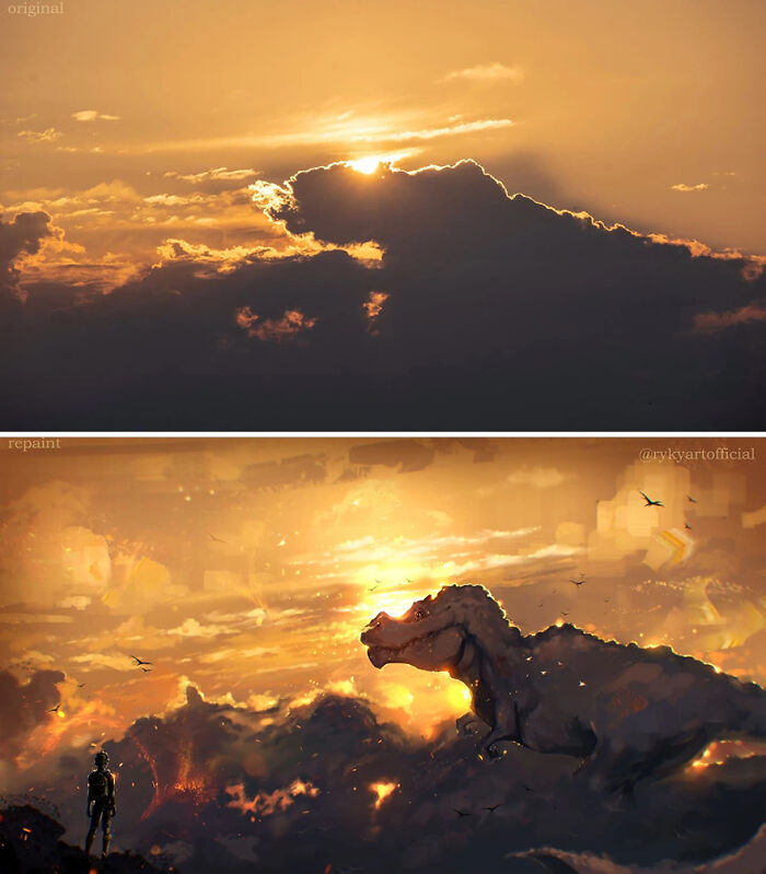 Sunset sky transformed by artist painting fantastical worlds, revealing a dinosaur and figure in another reality scene.