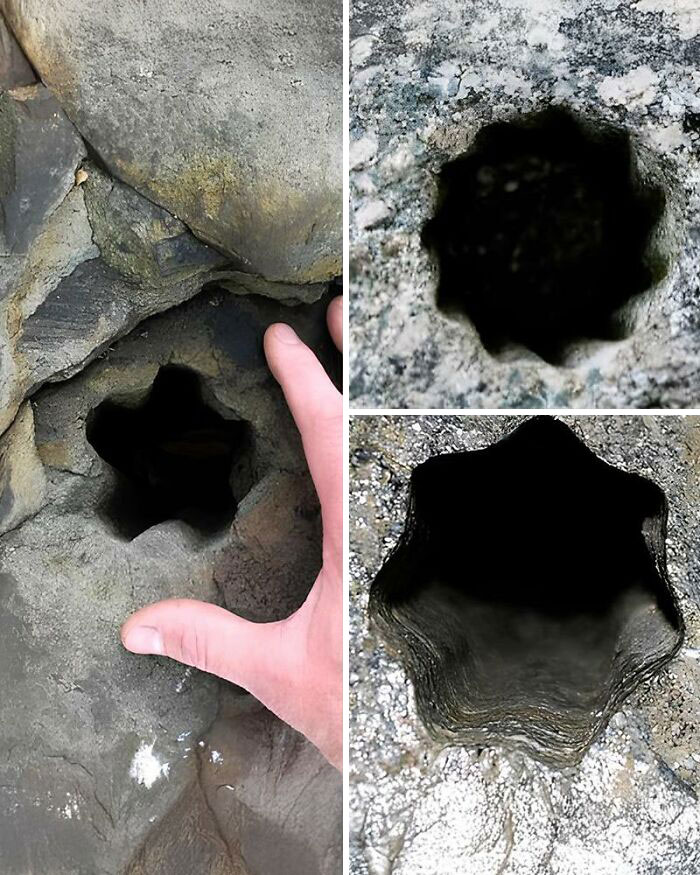 Close-up views of ancient carved star-shaped holes in stone, showcasing intriguing details of ancient history artifacts.