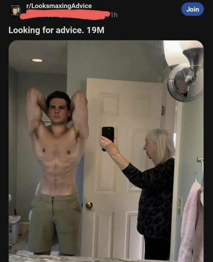 Young man posing shirtless for advice, while an older woman takes the photo in a bathroom mirror chaotic memes theme