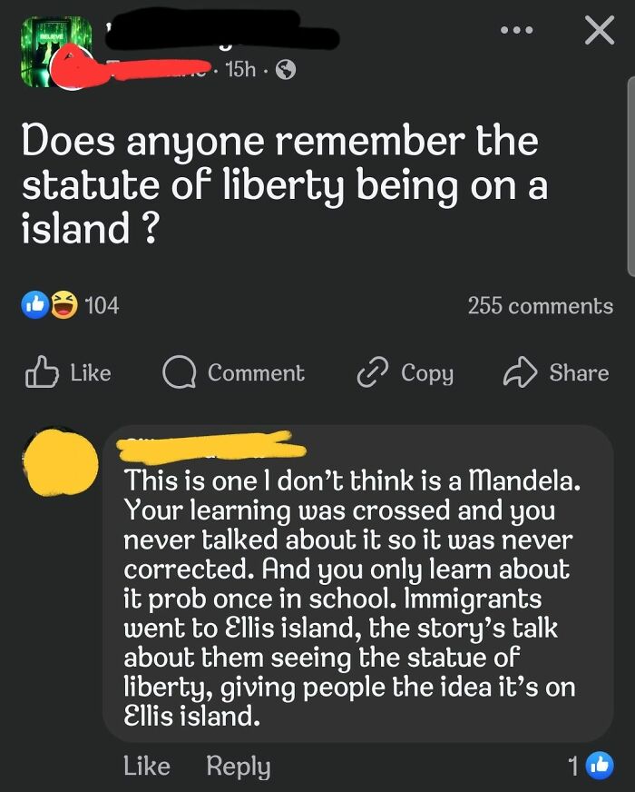 Screenshot of online group shaming overconfident know-it-alls incorrectly correcting others about the Statue of Liberty location.
