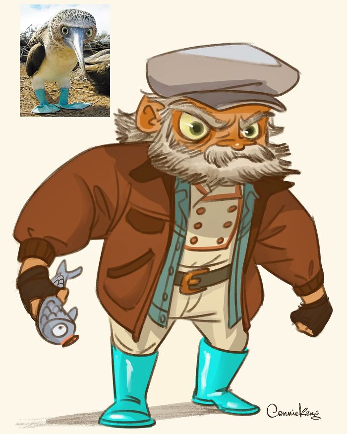 Illustration of a quirky fisherman character inspired by a blue-footed booby bird wearing bright blue boots.
