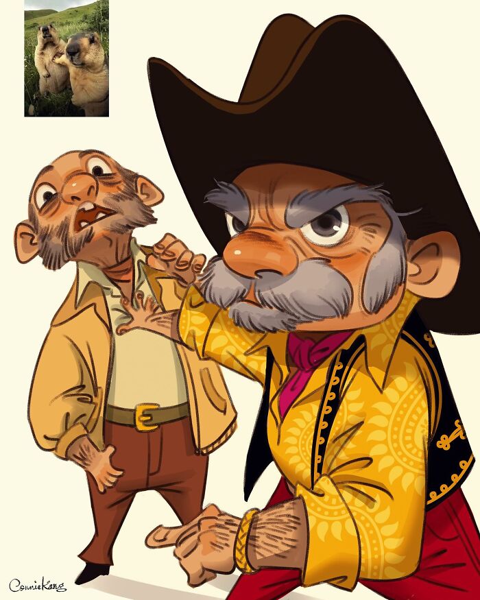 Illustration by Connie Kang capturing playful quirky animal portraits with expressive characters in vibrant detailed costumes.