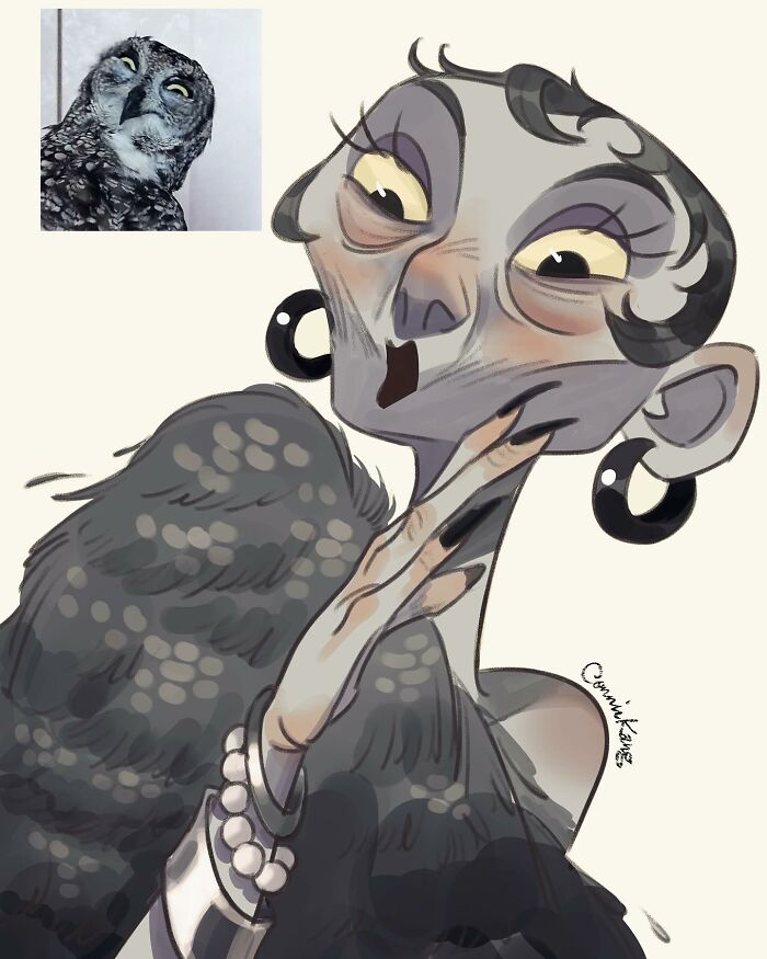 Playful portrait illustration by Connie Kang capturing the quirky side of an owl with exaggerated features and expression.