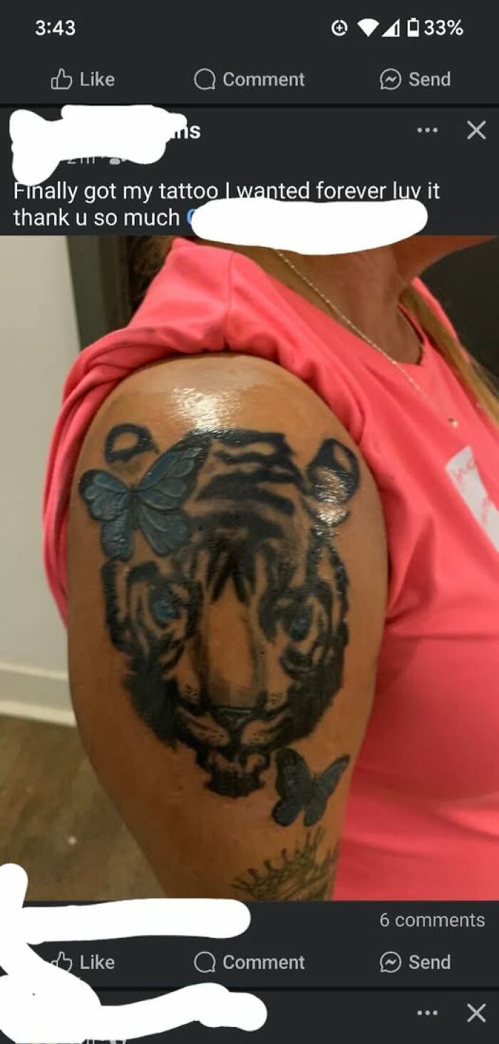 Tattoo on arm featuring butterflies and a tiger face, an example of people getting inked to look cool but with a permanent mistake.