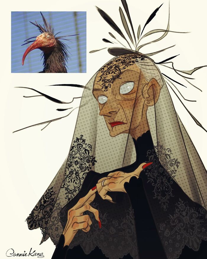 Stylized portrait capturing the quirky side of animals, featuring a bird and an expressive human-like figure with intricate details.