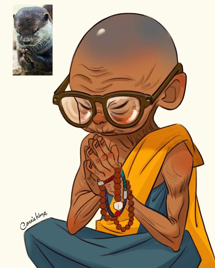 Playful portrait illustration by Connie Kang of an otter-inspired character with quirky features and large glasses.