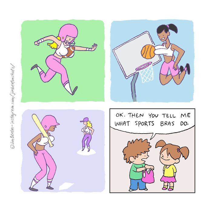 Comic panels by Jim Benton showing women in sports bras playing football, basketball, baseball, and a twist with children discussing sports bras.
