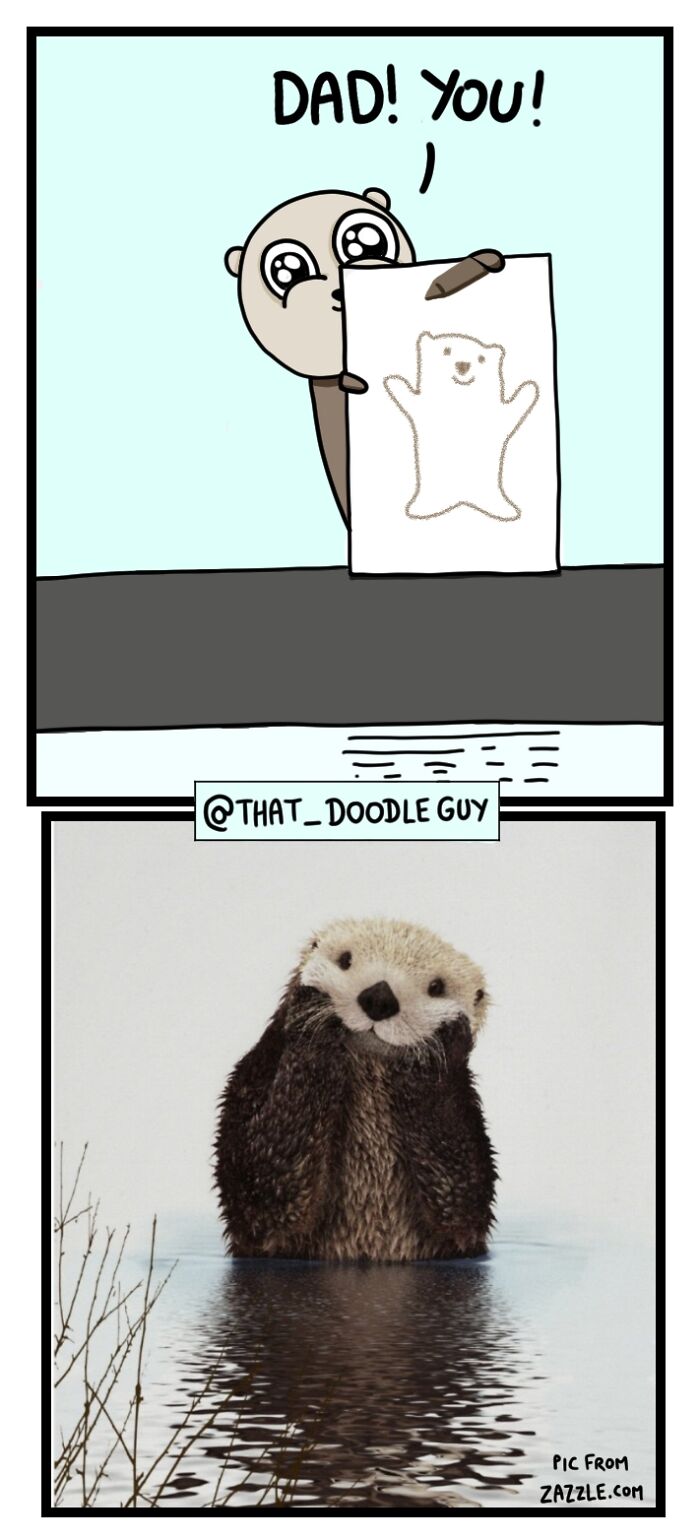 Cute animal comic by Divyansh Sikka showing an otter drawing with big eyes and a smiling otter in water.