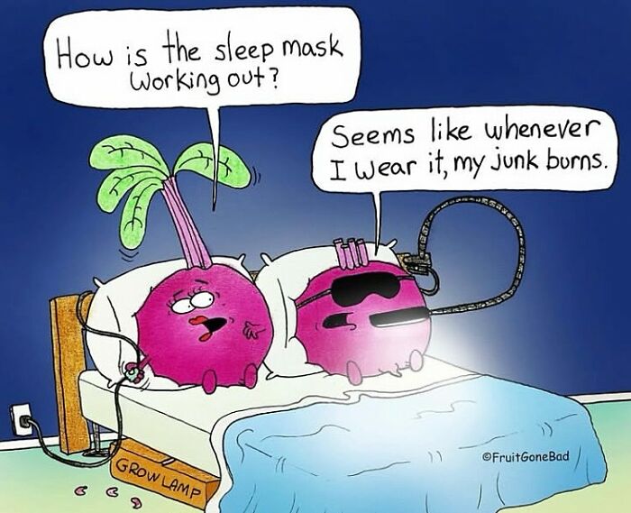 Cartoon of two beets in bed discussing a sleep mask, featuring humor in the Fruit Gone Bad series with fruit-themed punchlines.
