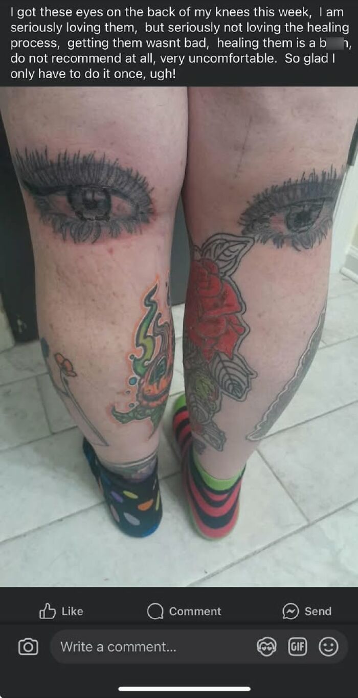 Tattoo of eyes on the back of knees with colorful surrounding tattoos, showcasing a permanent tattoo mistake.