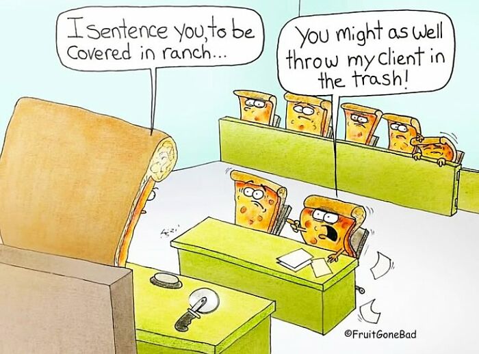 Cartoon of a bread loaf judging pizza slices with humorous punchlines, illustrating fruit gone bad comedy style.