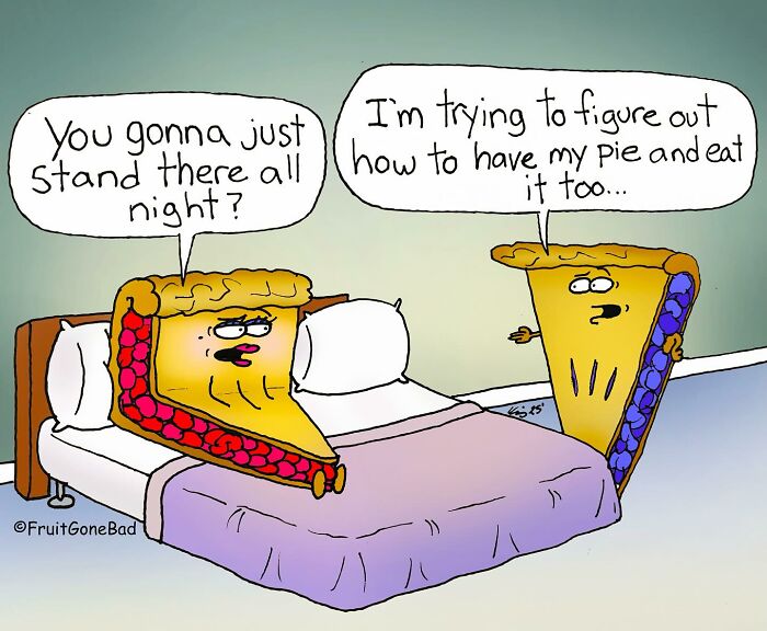 Two animated fruit pies with faces, one sitting on a bed, the other standing, sharing a humorous conversation.