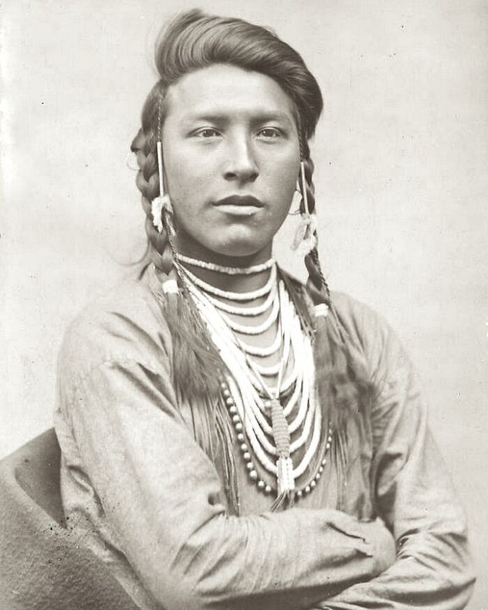 Native American man from over a century ago wearing traditional attire with braided hair and layered necklaces in powerful portrait.