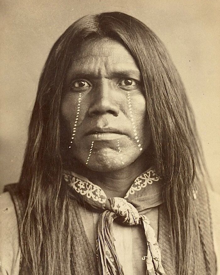 Native American man with traditional face paint and long hair in a powerful historic portrait from over a century ago.