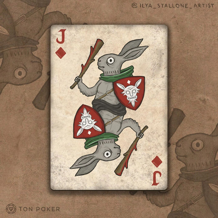 Jack of diamonds playing card redesigned in medieval style featuring a rabbit warrior with shields and wooden clubs.