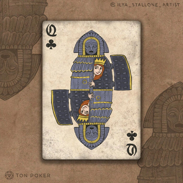Queen of clubs playing card redesigned in medieval style with armor and crown, part of reimagined deck of cards artwork.