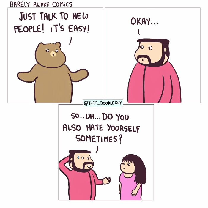 Comic featuring a bear and two people in a cute, simple style, part of ridiculously cute animal comics by Divyansh Sikka.