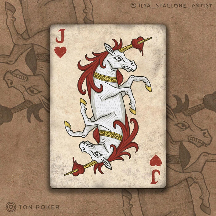 Jack of hearts card redesigned with a medieval style featuring a fierce unicorn illustration on a vintage deck.