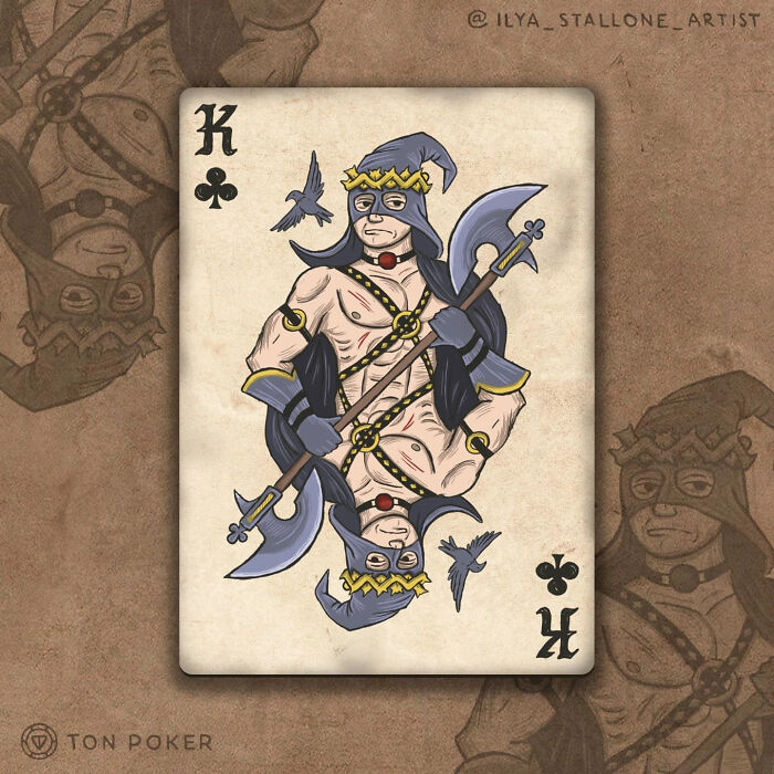 King of clubs medieval style playing card featuring a warrior with axe and crown, reimagined deck of cards artwork.