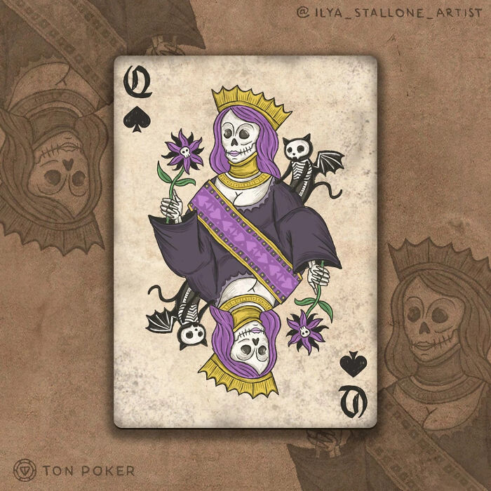 Medieval style queen of spades playing card featuring a skeleton queen holding purple flowers with a bat companion.